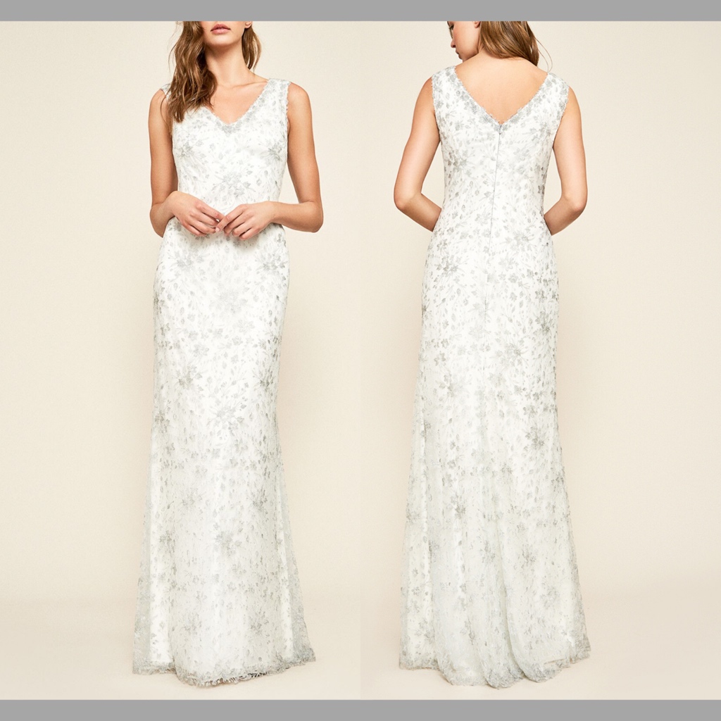 New $648 Tadashi Shoji Chiron Metallic Embroidered Lace Gown White [Sz 6 ]